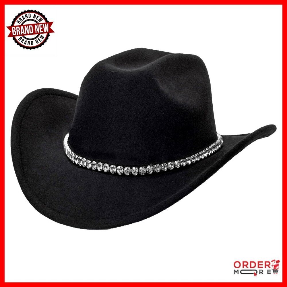 Felt Fedora Cowboy Hat with Rhinestones, Adjustable Fit, Sun Protection
